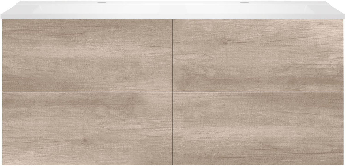 Onderbouw COFFEE 4 lades 140 duo eiken Decor flanel +dubbele wastafel mat wit