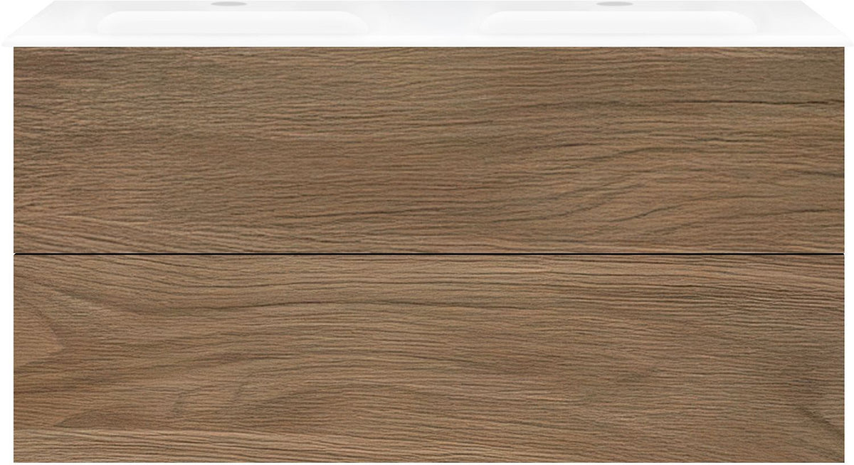 Onderbouw COFFEE 2 lade 120 duo eik caramel + dubbele wastafel porselein wit