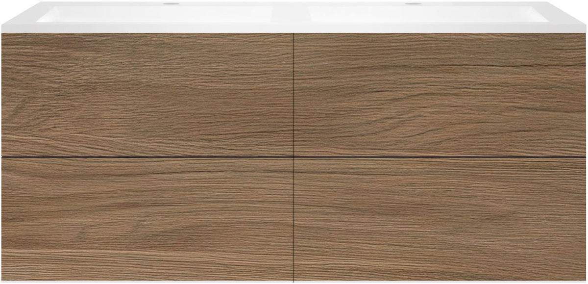 Onderbouw COFFEE 4 lades 140 duo eik caramel+dubbele wastafel kunstmarmer wit