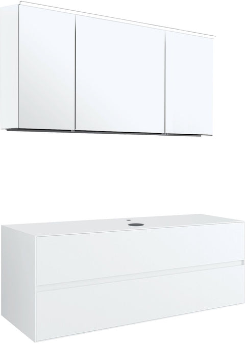 Meubel 2LADES+TABLET voor opbouwlavabo centraal tenso 140 +kraangat wit met spiegelkast, badkamermeubelen — SKU DESCO-703446