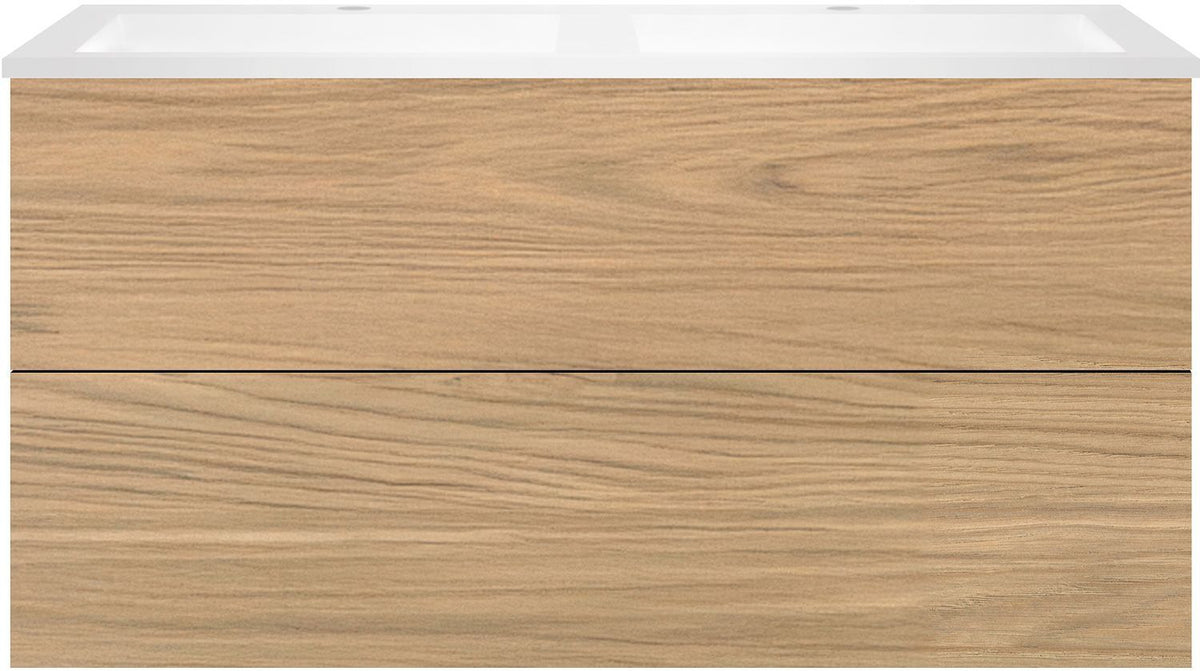 Onderbouw COFFEE 2 lade 120 duo eik klassiek + dubbele wastafel kunstmarmer mat wit