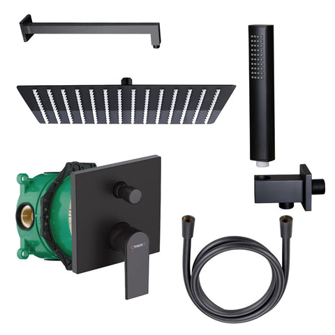 Doucheset met Hansgrohe Vernis Shape inbouw badmengkraan zwart en iBox met Belvit regendouche handdouche doucheslang douchearm doucheaansluitbocht - Mat zwart, douchekolommen & douchesets — SKU MB-19610-23137, EAN 5404029124382