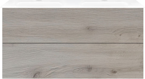 Onderbouw COFFEE 2 lade 120 duo eik Zilver + dubbele wastafel porselein wit, badkamermeubelen — SKU DESCO-192934