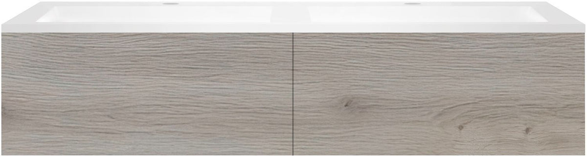 Onderbouw COFFEE 2 lades 140 duo eik zilver+dubbele wastafel kunstmarmer wit