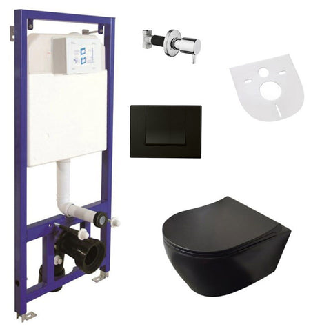 Belvit randloos hang-wc compleetset taharet-/bidetfunctie softclose wc-bril inbouwreservoir geluidsisolatie - Mat zwart, wc-packs — SKU MB-19129-22656, EAN 5404029121398