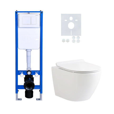 BELVIT wc-complete set met randloos wand-wc, hoek-inbouwelement, softclose zitting, bedieningsplaat & geluidsisolatie in wit, wc-packs — SKU MB-40016-44723, EAN 5404029138129