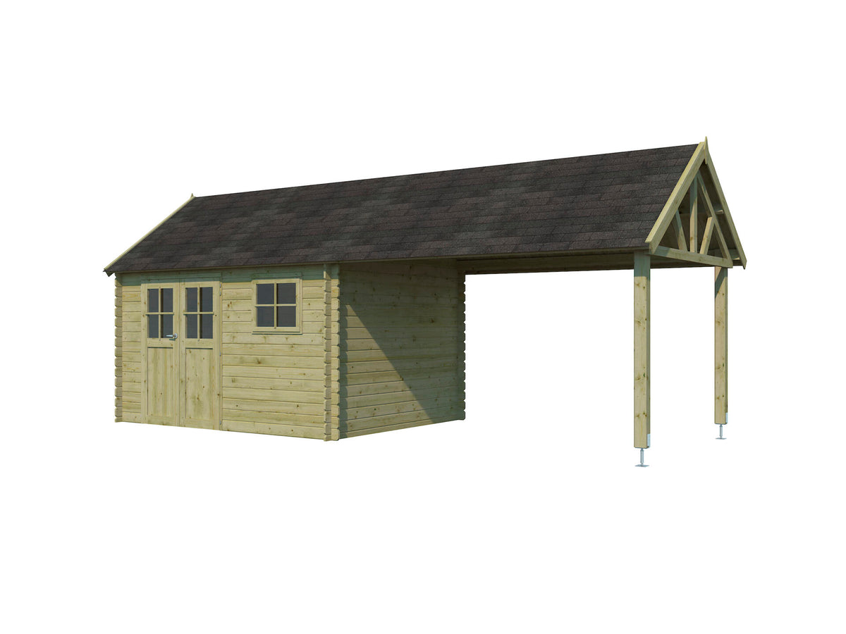 Woodlands Birmingham L houten tuinhuis 385x295x318 cm blokhut geïmpregneerd + extensie 375cm