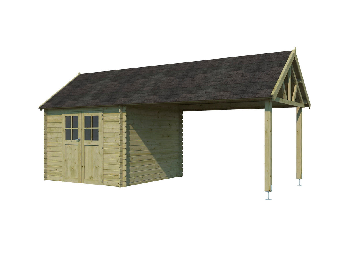 Woodlands Birmingham S houten tuinhuis 295x295x318 cm blokhut geïmpregneerd + extensie 375cm