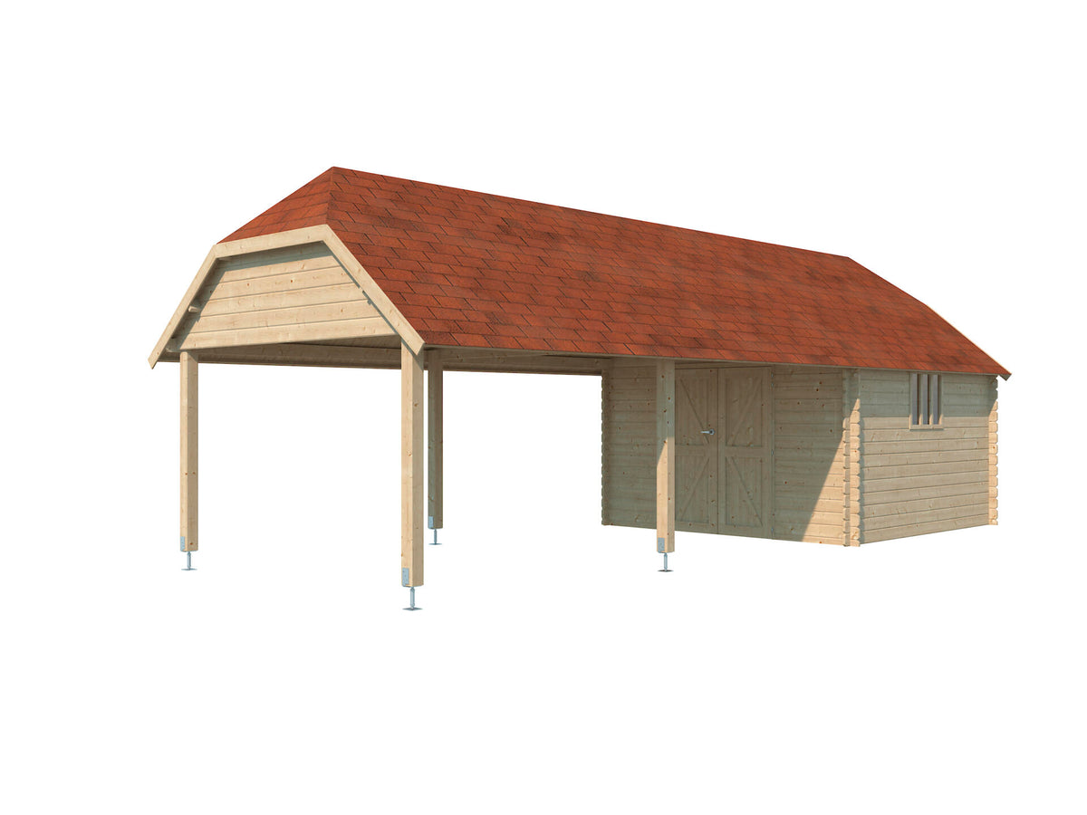 Woodlands Cardiff XXL houten tuinhuis 355x355x341 cm blokhut + dubbele uitbreiding