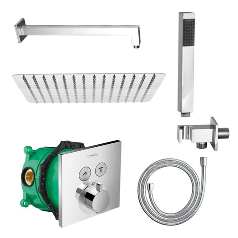 Doucheset Hansgrohe ShowerSelect thermostaat inbouw iBox universal chroom vierkant met regendouche handdouche doucheslang douchearm wandaansluitbocht, douchekolommen & douchesets — SKU MB-27613-31146, EAN 5404029131052