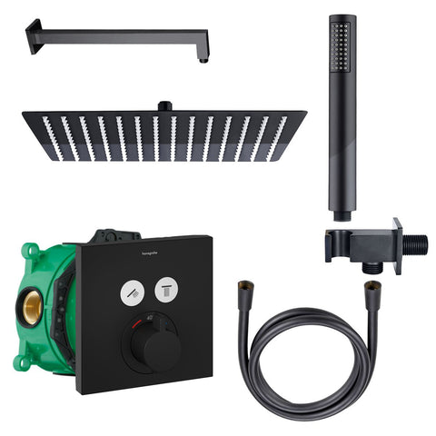 Doucheset Hansgrohe LivaFine thermostaat inbouw iBox universal zwart vierkant met regendouche handdouche doucheslang douchearm wandaansluitbocht, douchekolommen & douchesets — SKU MB-27615-31148, EAN 5404029131076