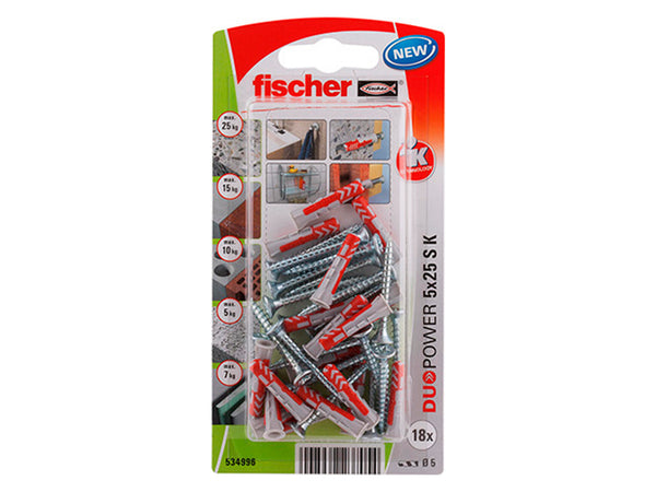 Fischer Duopower chevilles 5x25 mm avec vis 18 pièces