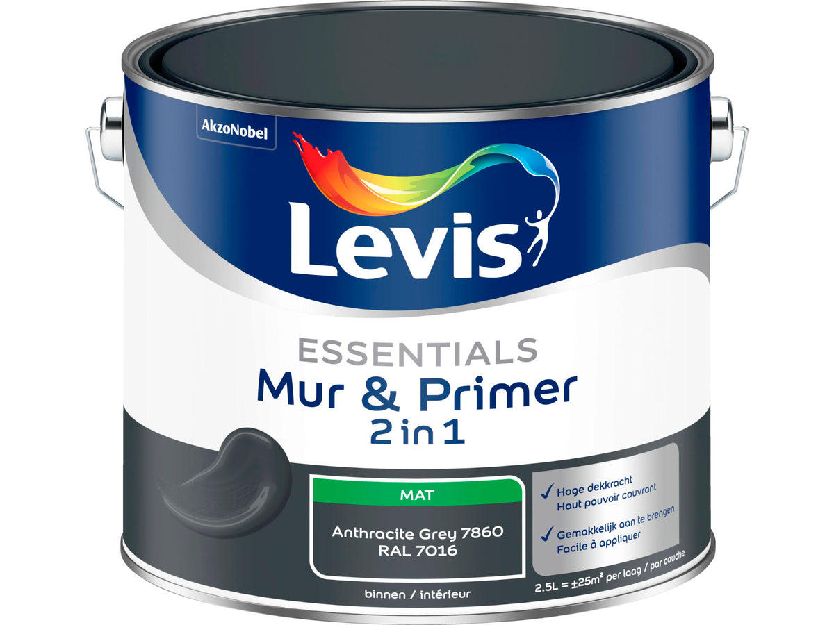 Levis Essentials 2-in-1 muurverf & primer 2,5l anthracite grey
