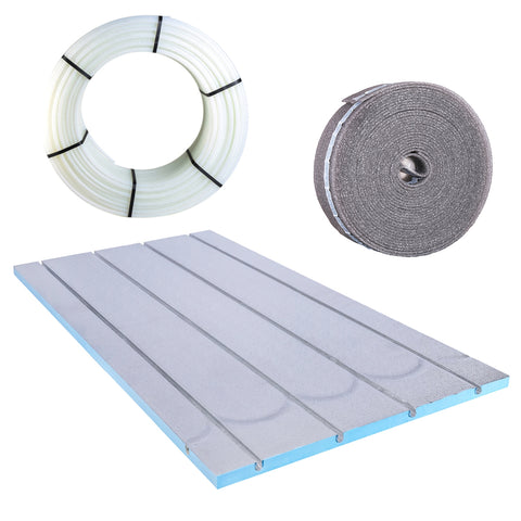 BELVIT XPS 500 vloerverwarmingsset 15 m² met Buderus randisolatiestroken en PE-RT buis droogbouw warmwater verwarmingssysteem — SKU MB-39988-44695, EAN 5404029137863
