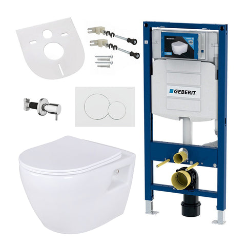 Hang-wc met Taharet-functie, bidet, afsluitkraan, uit keramiek compatibel met Geberit inbouwelement - Wit