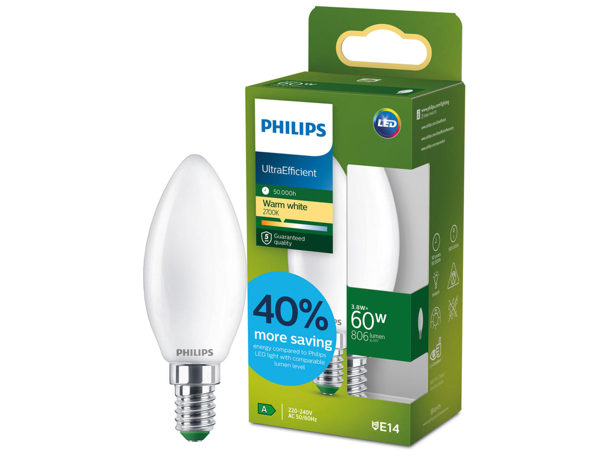 Philips LED kaarslamp filament mat E14 3,8W warm wit