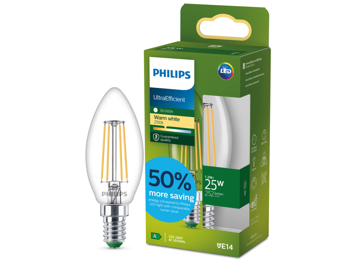 Philips LED kaarslamp filament transparant E14 1,2W warm wit