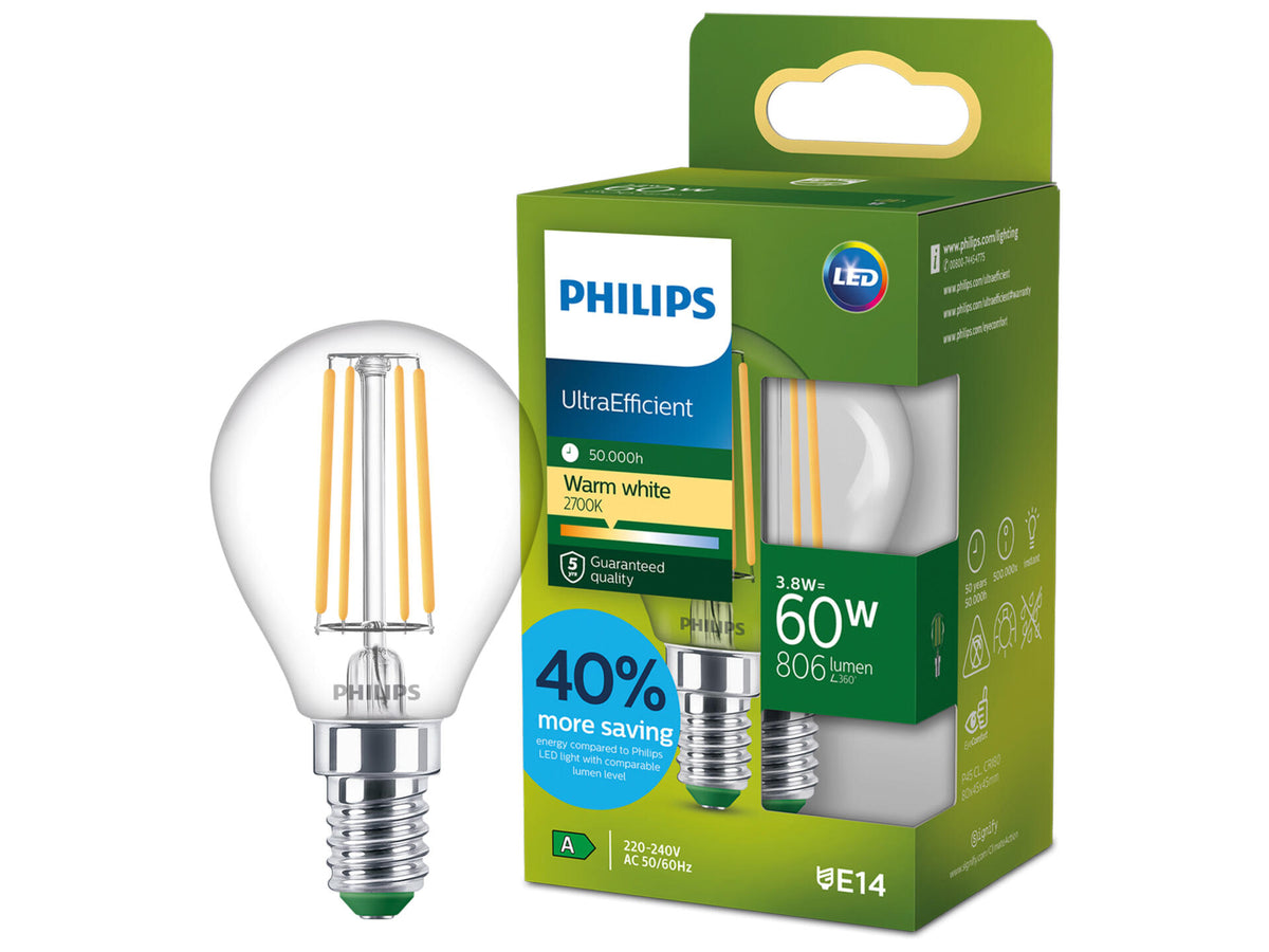 Philips LED kogellamp filament transparant E27 3,8W warm wit