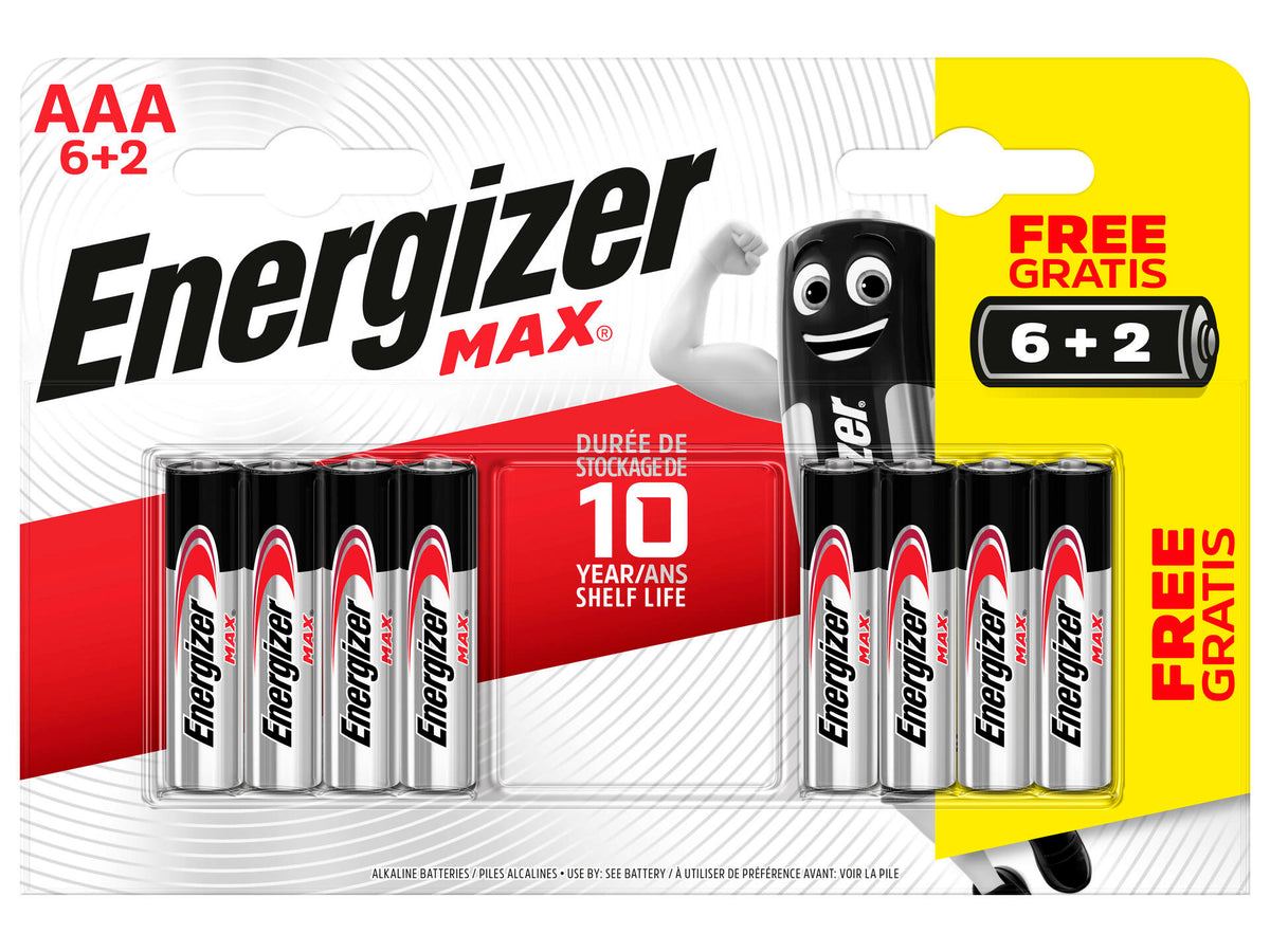 Energizer New Max AAA batterij 6+2 gratis, batterijen — SKU COLOS-915568, EAN 7638900438208