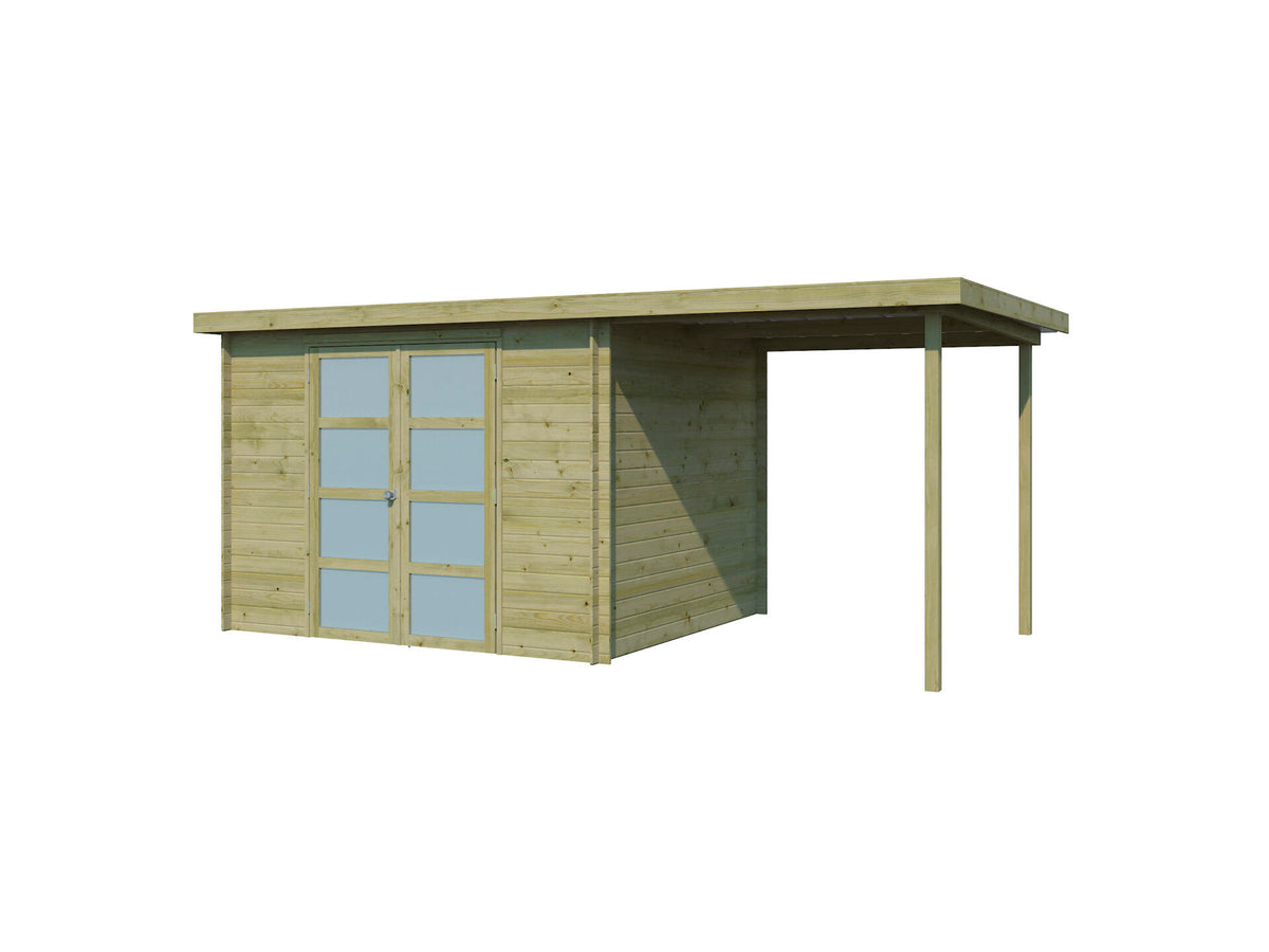 Gardenas Nice houten tuinhuis 295x250x209 cm blokhut geïmpregneerd + extensie 200cm