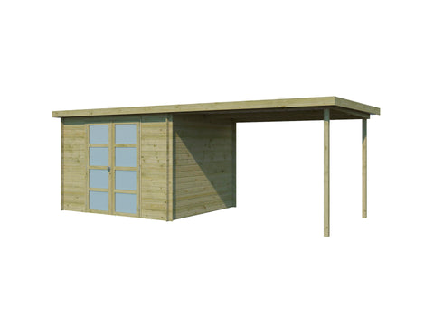 Gardenas Nice houten tuinhuis 295x250x209 cm blokhut geïmpregneerd + extensie 300cm, houten tuinhuizen & blokhutten — SKU COLOS-1059729, EAN 5411249918080
