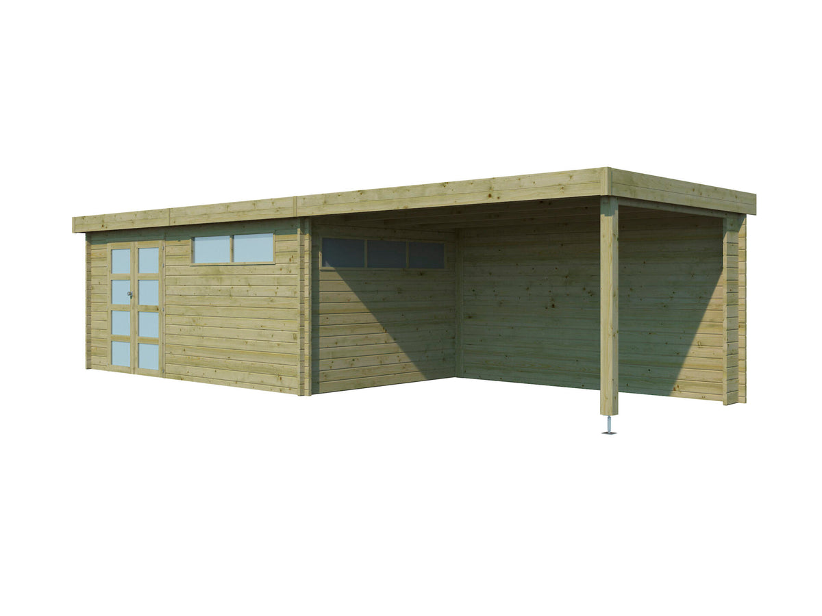 Woodlands Ottawa IV houten tuinhuis 505x295x230 cm blokhut geïmpregneerd dakisolatie + extensie 400cm