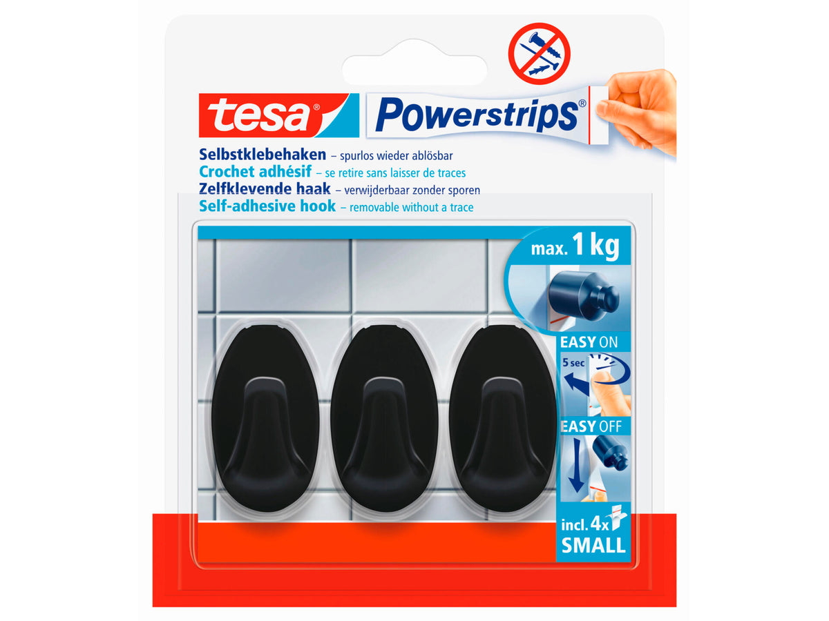 Tesa Powerstrips zelfklevende haak S ovaal 4,4cm 1kg zwart 3 stuks