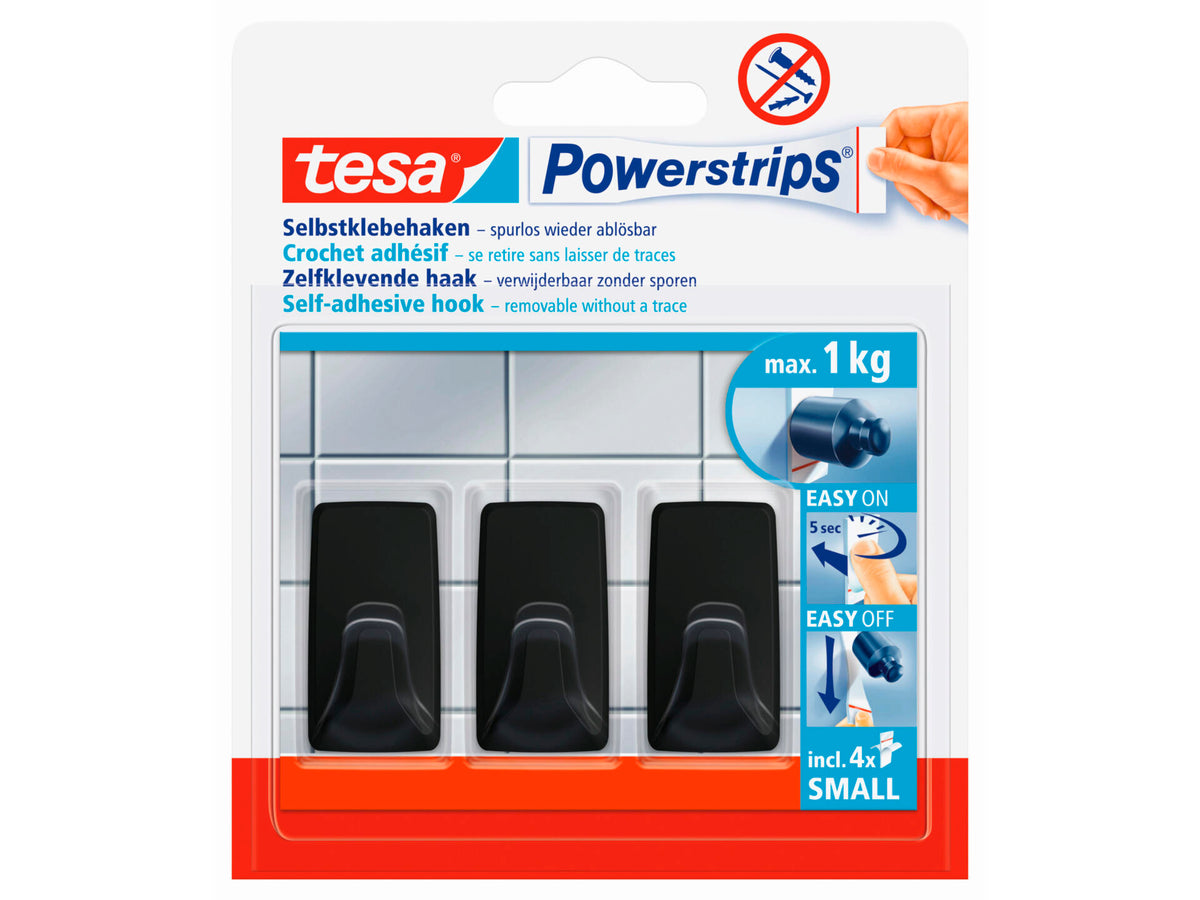 Tesa Powerstrips zelfklevende haak S rechthoekig 3,9cm 1kg zwart 3 stuks