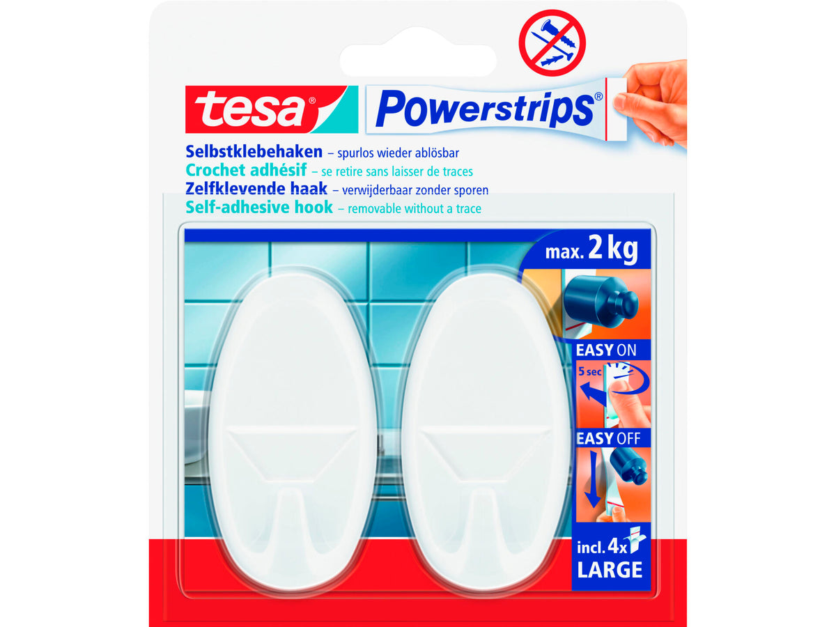 Tesa Powerstrips zelfklevende haak ovaal 6,8cm 2kg wit 2 stuks