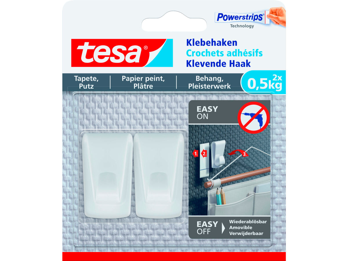 Tesa Powerstrips zelfklevende haak voor behang en pleisterwerk 4cm 0,5kg wit 2 stuks