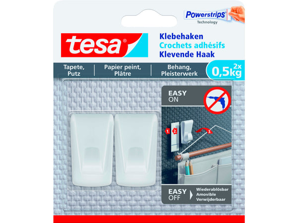 Tesa Powerstrips zelfklevende haak voor behang en pleisterwerk 4cm 0,5kg wit 2 stuks