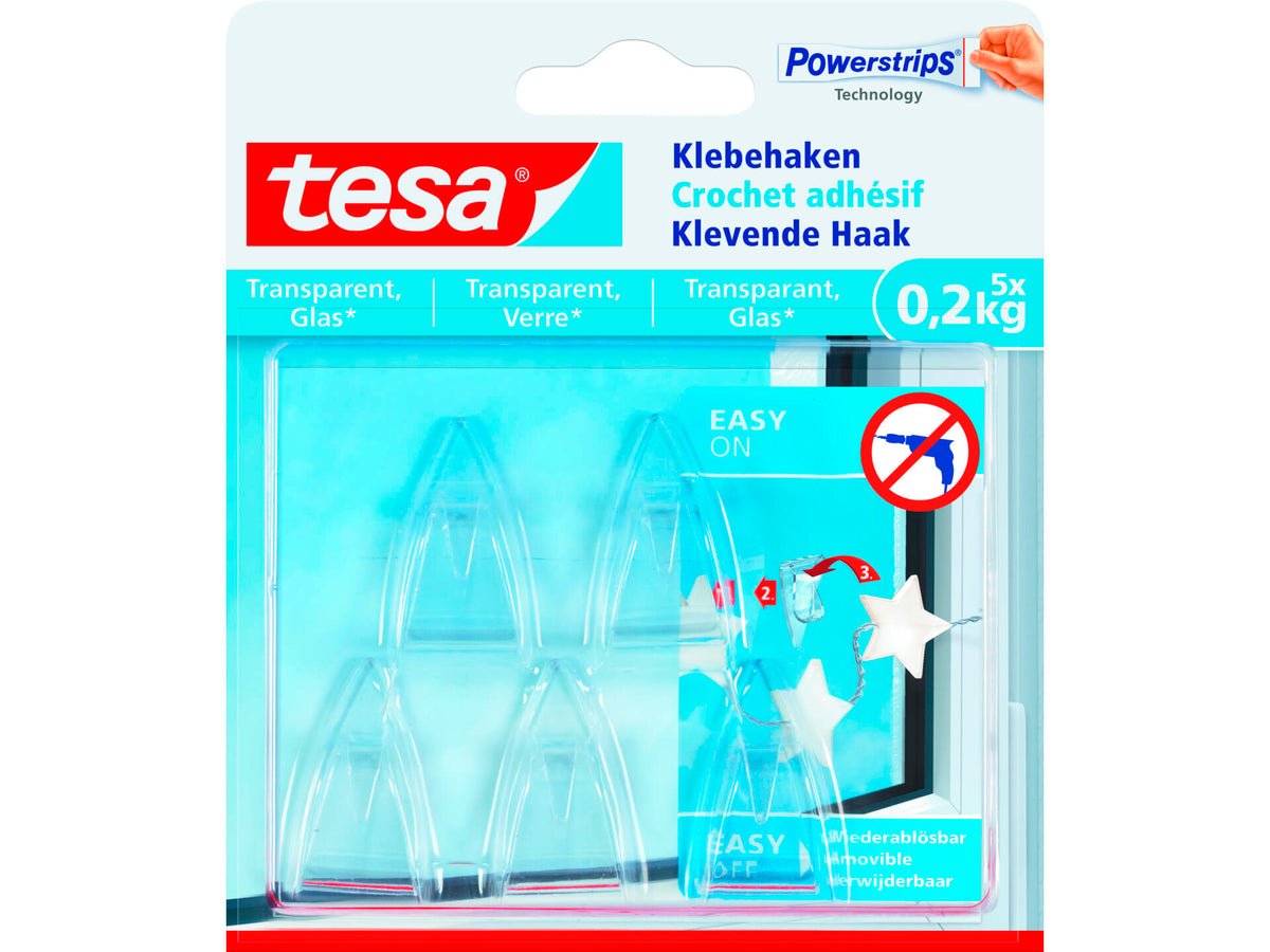 Tesa Powerstrips zelfklevende haak voor transparante materialen en glas 4cm 0,2kg transparant 5 stuks