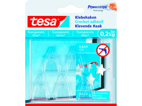 Tesa Powerstrips zelfklevende haak voor transparante materialen en glas 4cm 0,2kg transparant 5 stuks