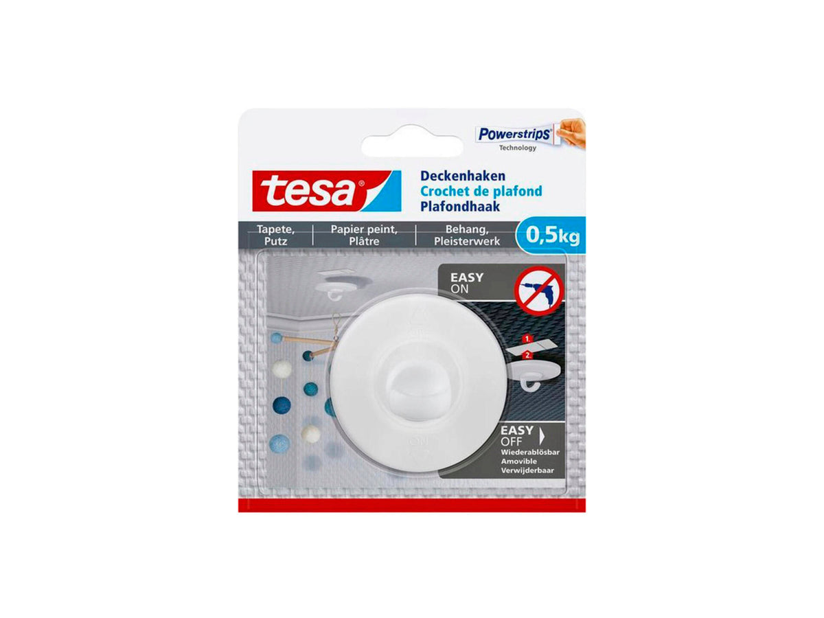 Tesa Powerstrips zelfklevende plafondhaak voor behang en pleisterwerk 5,5cm 0,5 kg wit