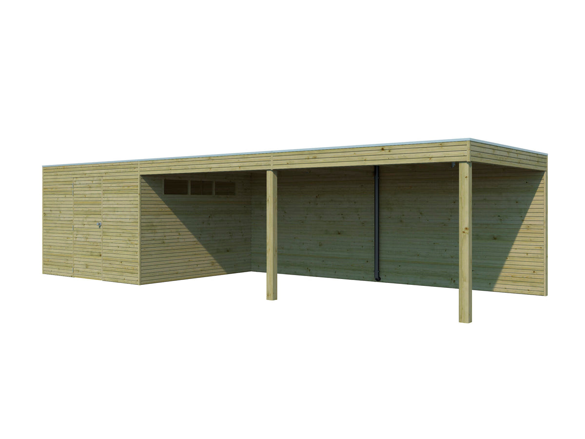 Woodlands QB II houten tuinhuis 300x300x216 cm hout geïmpregneerd + extensie 600cm