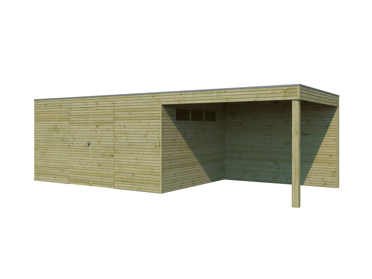 Woodlands QB III houten tuinhuis 420x300x216 cm hout geïmpregneerd + extensie 300cm