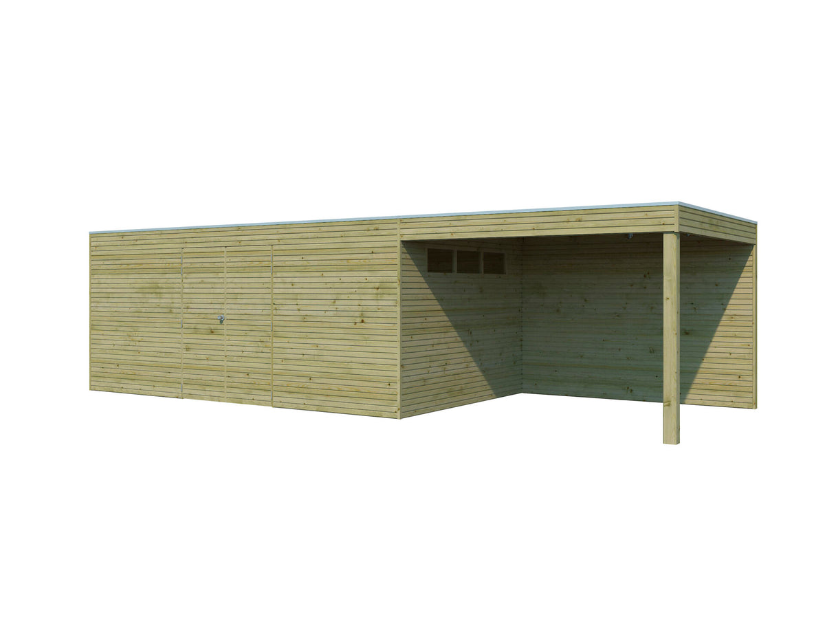 Woodlands QB IV houten tuinhuis 510x300x216 cm hout geïmpregneerd + extensie 300cm