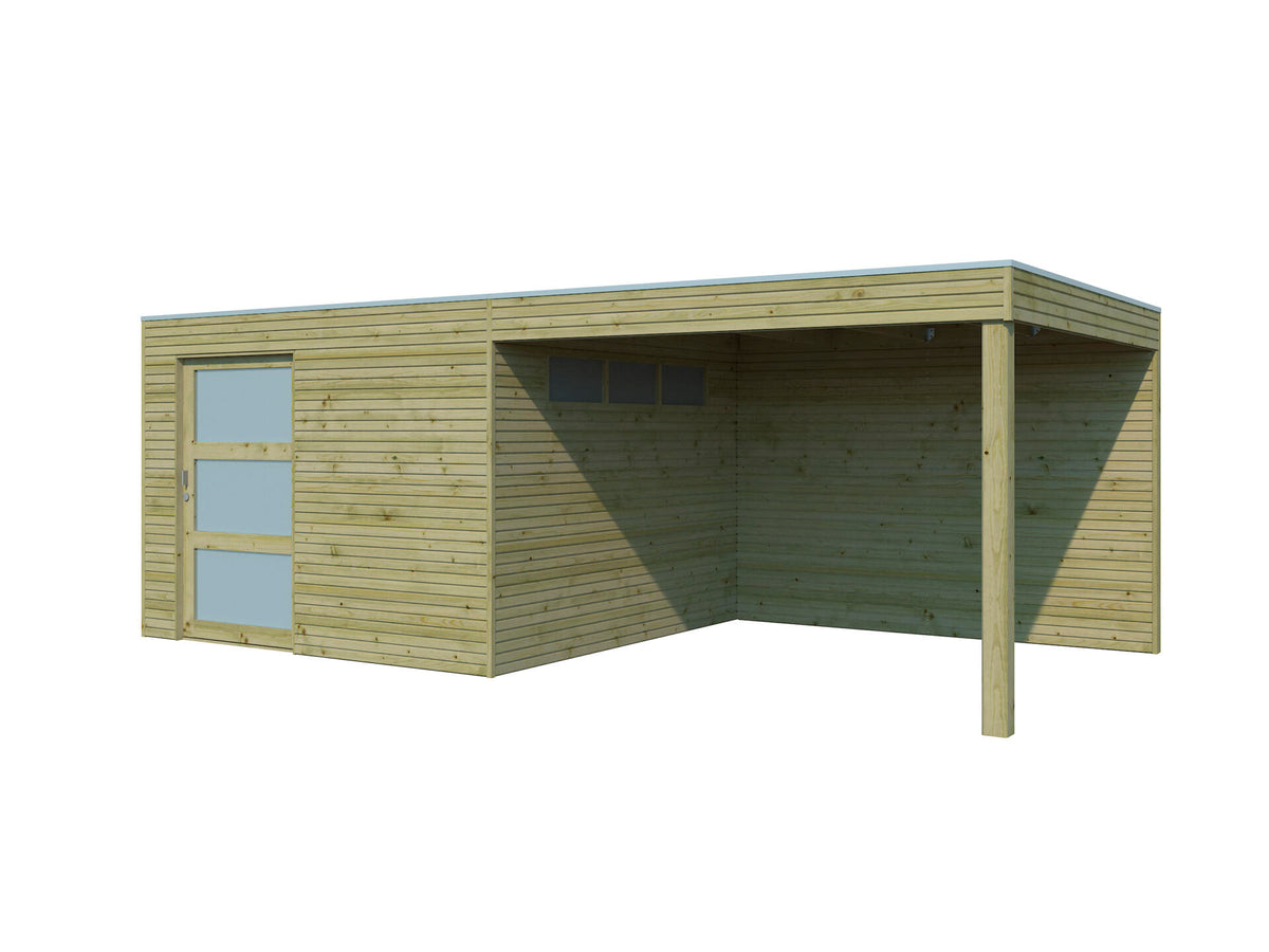 Woodlands QBS II houten tuinhuis 300x300x216 cm hout geïmpregneerd + extensie 300cm