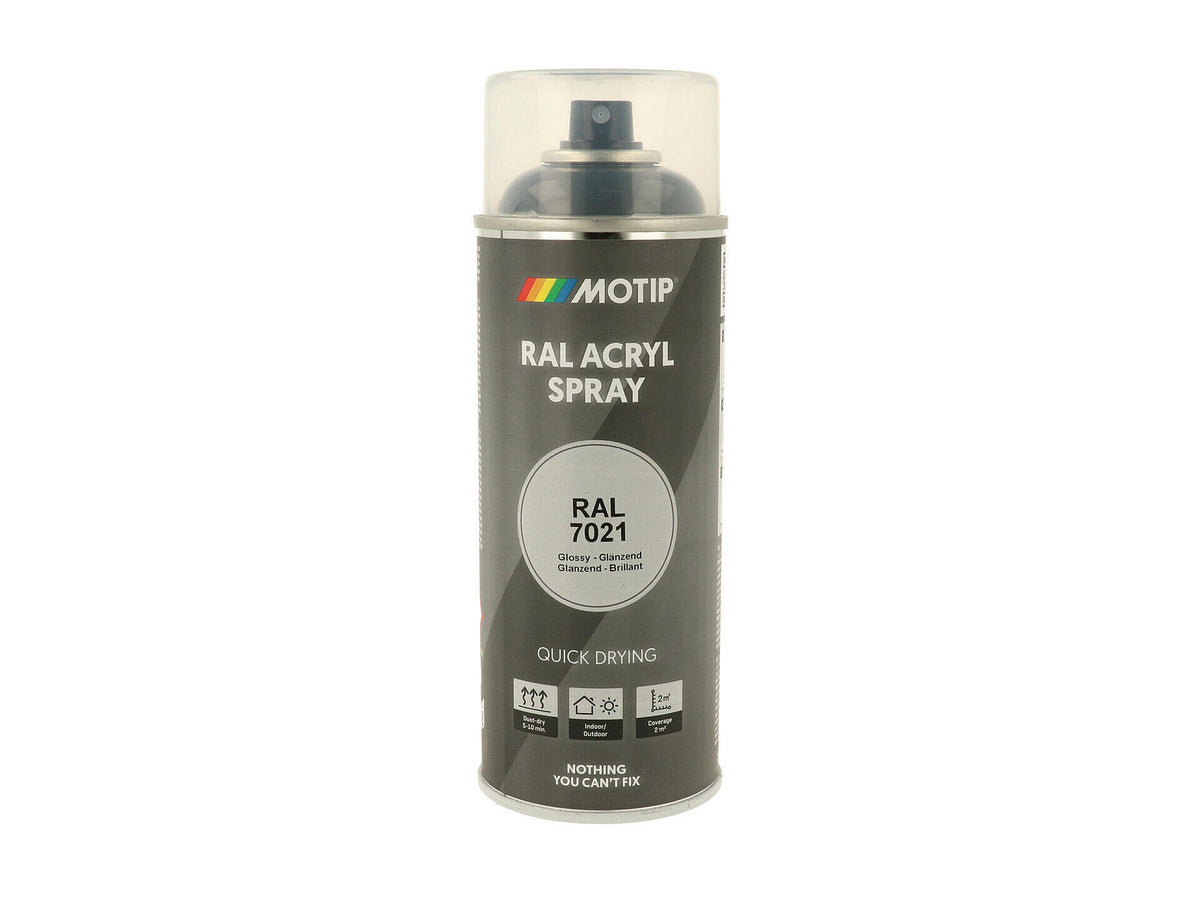 Motip RAL 7021 acryl lakspray hoogglans 0,4l zwartgrijs