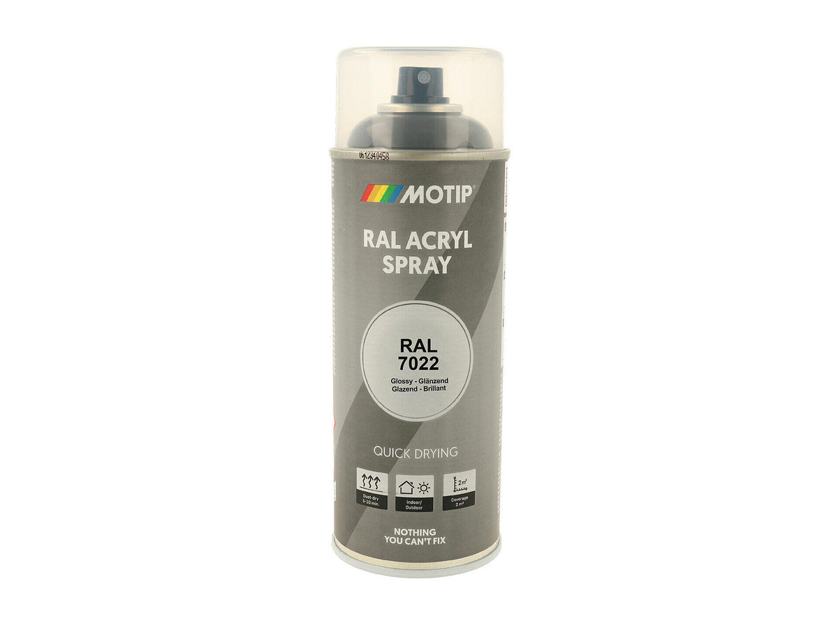 Motip RAL 7022 acryl lakspray hoogglans 0,4l umbra grijs