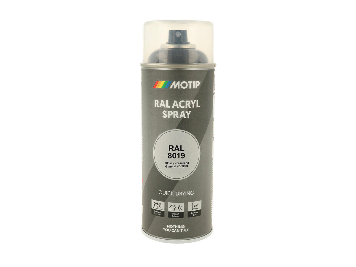Motip RAL 8019 acryl lakspray hoogglans 0,4l grijsbruin
