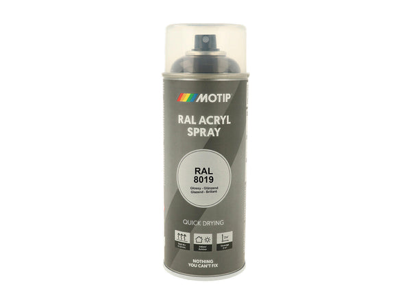 Motip RAL 8019 acryl lakspray hoogglans 0,4l grijsbruin