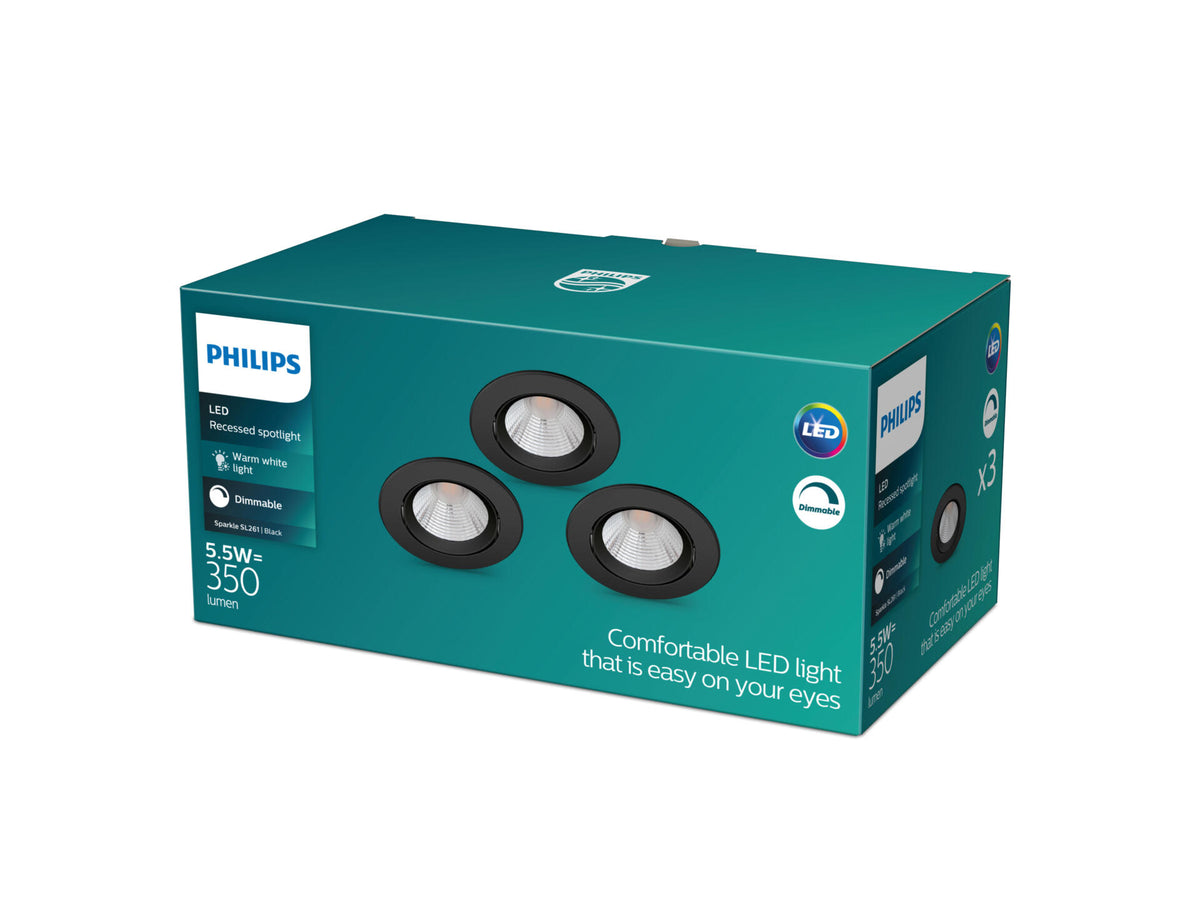 Philips Sparkle LED inbouwspot rond 5W dimbaar zwart 3 stuks