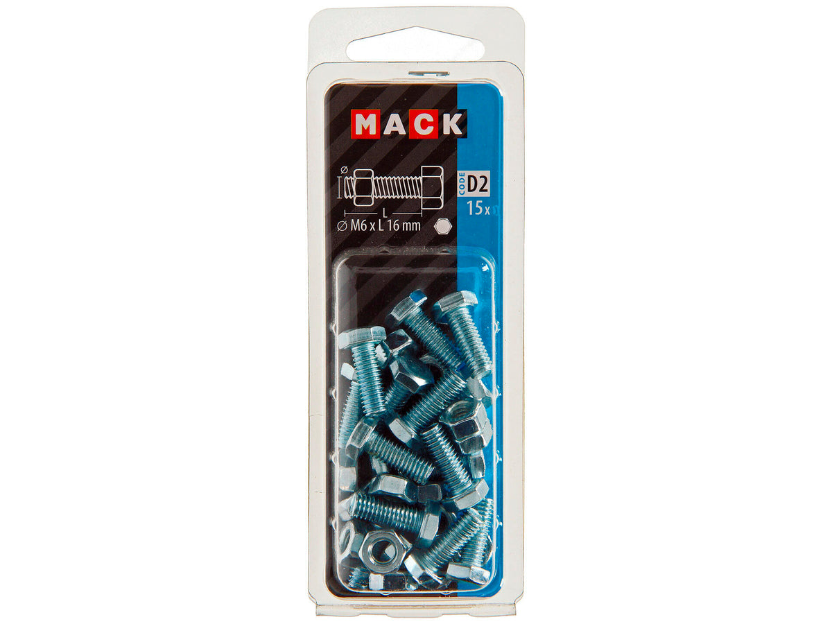 Mack Tapbout met moer M6 16mm verzinkt 15 stuks