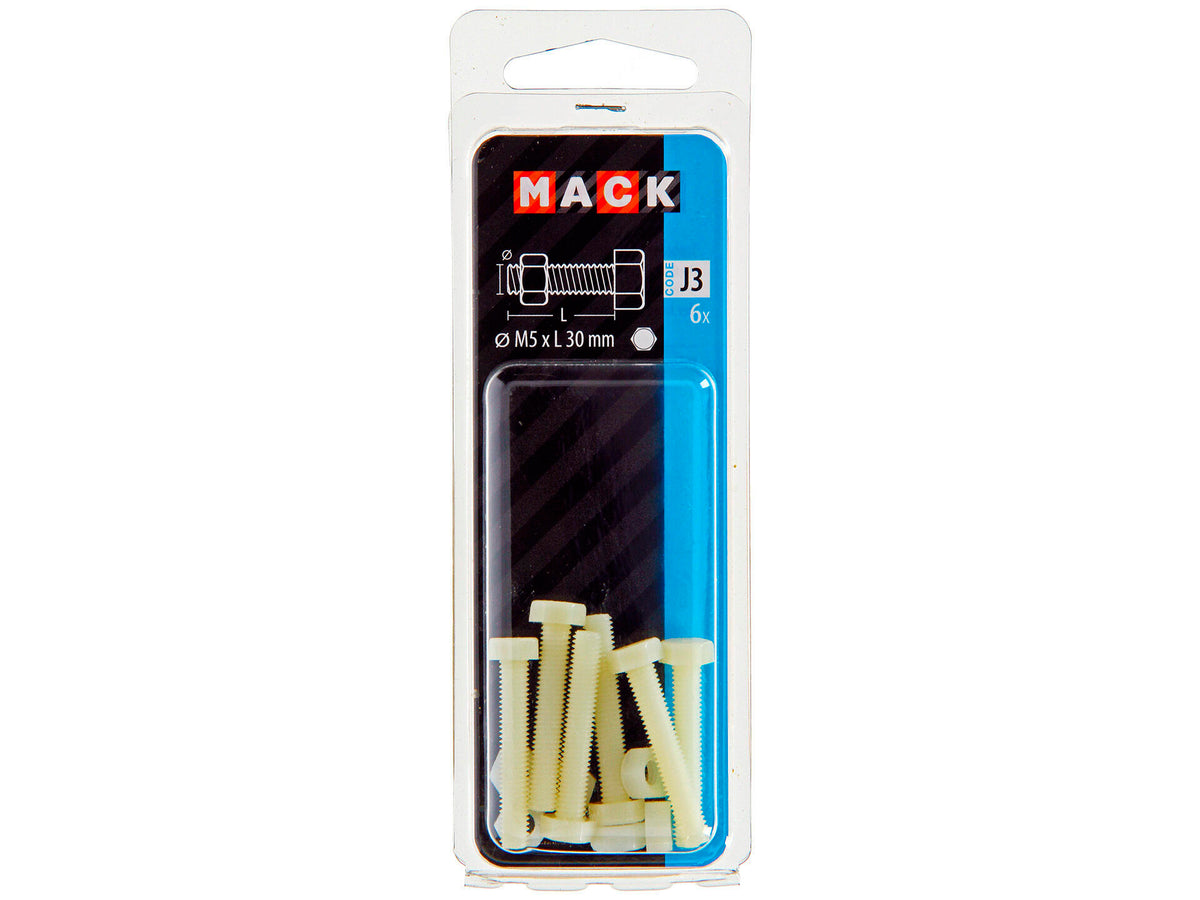 Mack Tapbout met moer nylon M5 30mm nylon 6 stuks