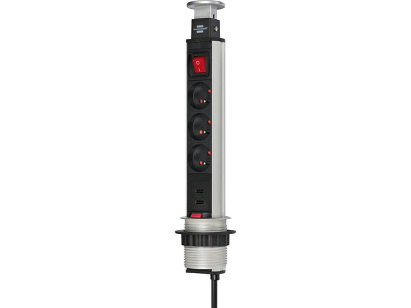 Brennenstuhl Tower Power bloc multiprise 3x avec ports USB, interrupteur et câble 2m gris