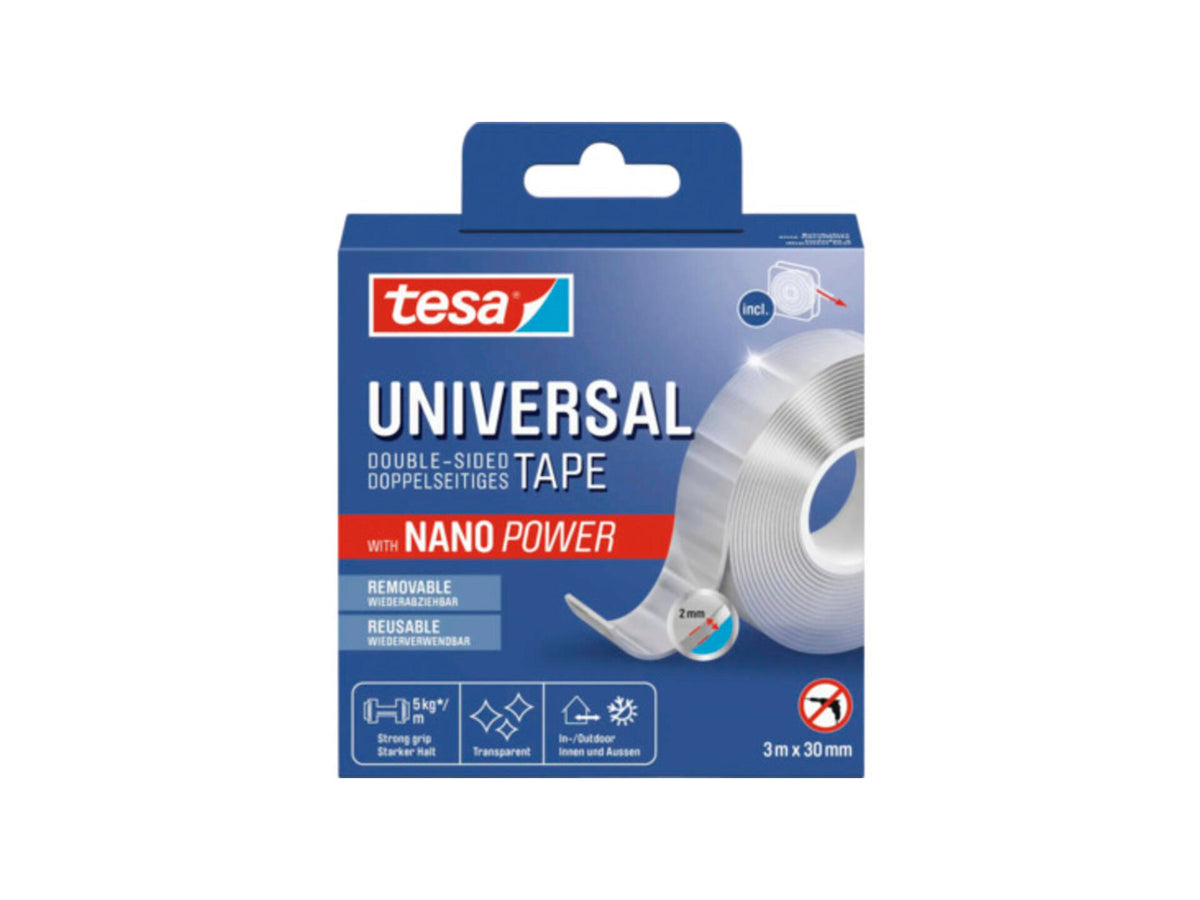 Tesa Universal Nano Power dubbelzijdige tape 3m x 30mm transparant