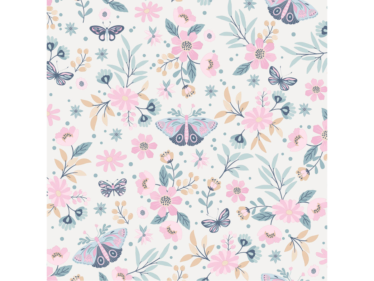 Vliesbehang vlinders en bloemen roze 53cm x 10m