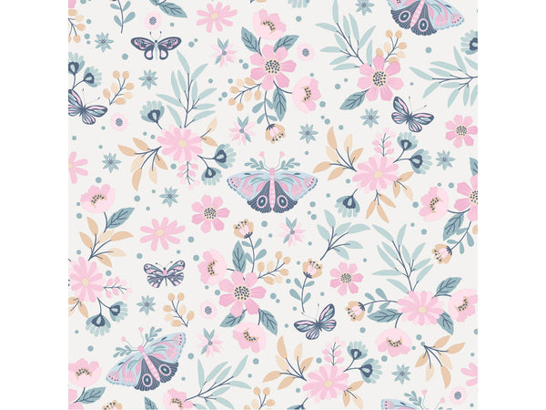 Vliesbehang vlinders en bloemen roze 53cm x 10m