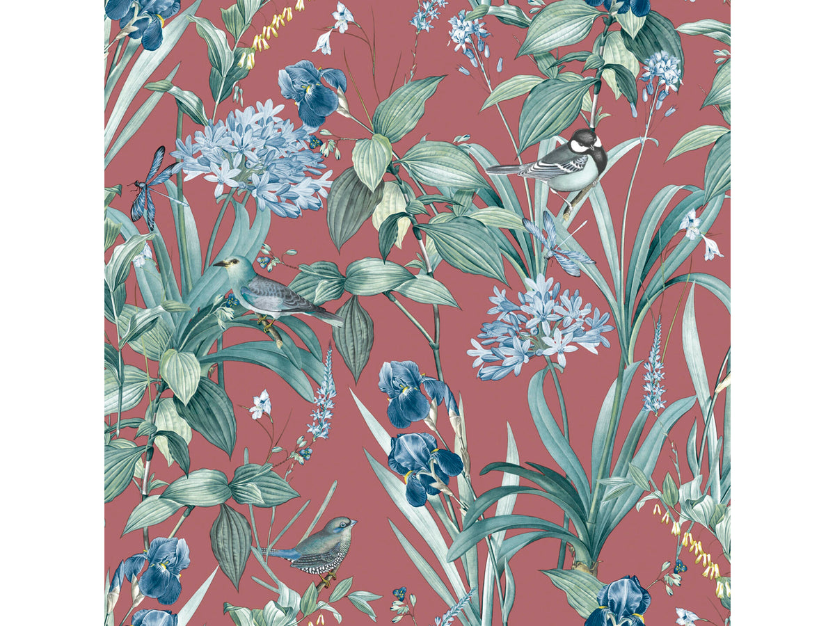 Vliesbehang vogels en bloemen rood 53cm x 10m